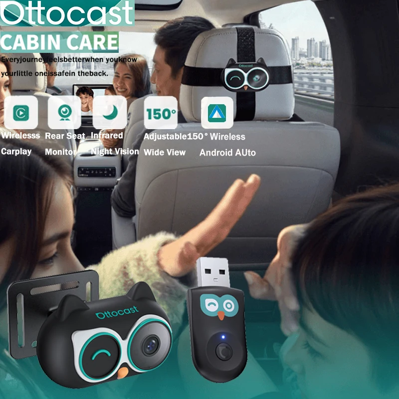 Ottocast キャビンケア ワイヤレス CarPlay アダプター ベビーカーカメラ 1080P HD 150° 広角ナイトビジョン後部座席モニター 98% 車用