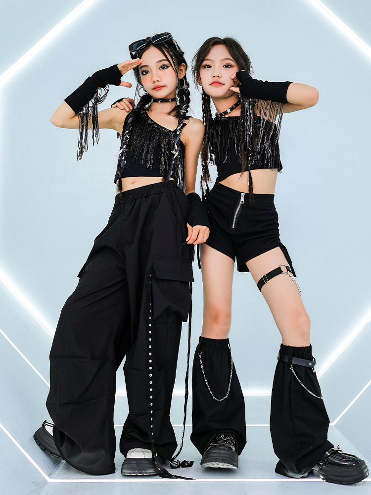 女の子ジャズダンス服黒トップスパンツチアリーディングダンスパフォーマンス衣装子供のための子供ヒップホップストリートダンススーツ