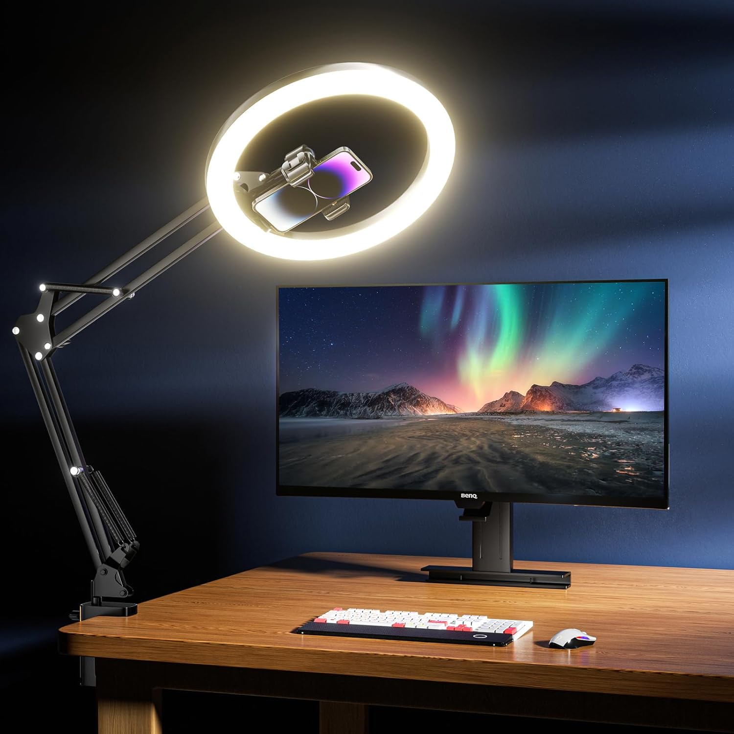 リングライト オーバーヘッド電話マウント LED 自撮りライト スタンドと電話ホルダー付き、ビデオ録画、ライブストリーミング用 LED デスクライト