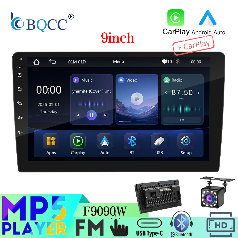 BQCC 9 ''ユニバーサル MP5 カープレーヤー 1024*600 ワイヤレス CarPlay Android 自動サポート BT AUX FM AM ステレオラジオマルチメディアヘッドユニット