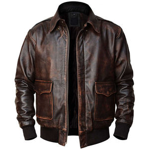High-quality, authentic cowhide pilot jacket for men, designed for motorcycling, made of brown canvas, with a logo on the front