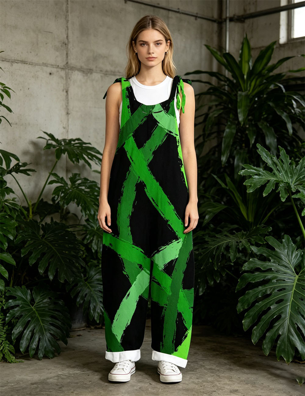 Women's new green diagonal interlaced printed casual loose jumpsuit, daily retro comfortable jumpsuit