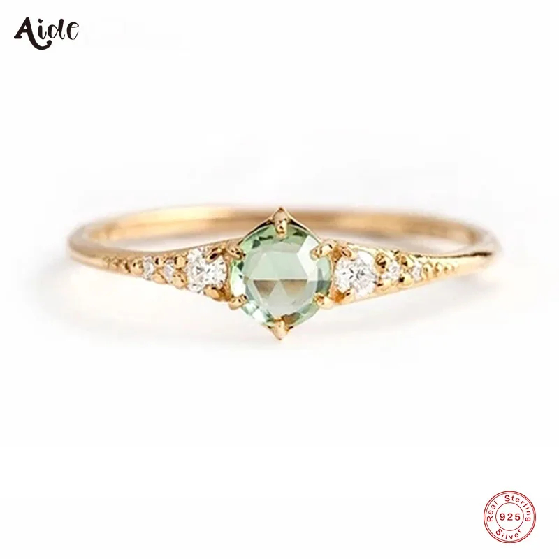 Aide 925 スターリングシルバーフレッシュミントグリーンジルコンリング女性のためのミニマリストクリスタル薄型スリムスタッカブル指輪ジュエリー