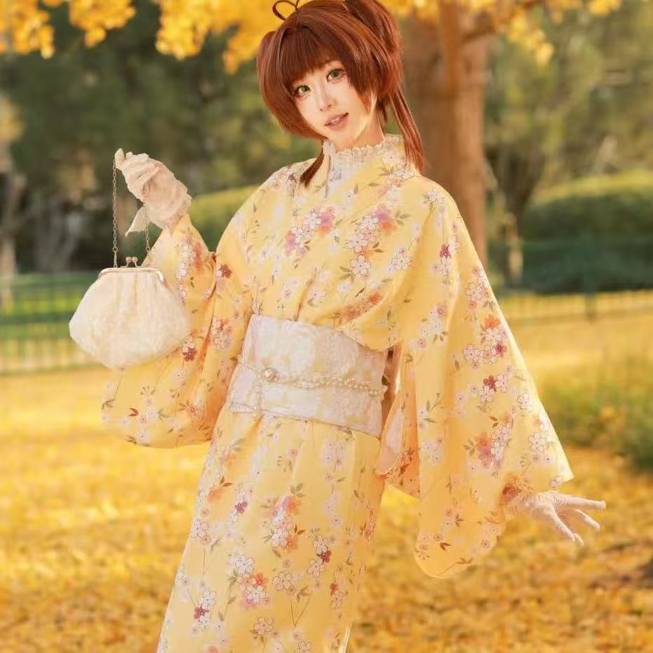 かわいい黄色の着物女の子和風アニメ浴衣ローブカーニバルストリートコミックコスプレ衣装女性アジア着物