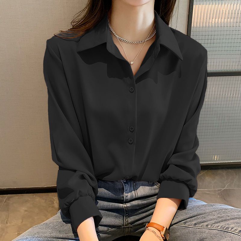 黒シフォンシャツ女性のための春の新固体長袖シャツ韓国ファッションレディースブラウスシンプルな女性服トップス