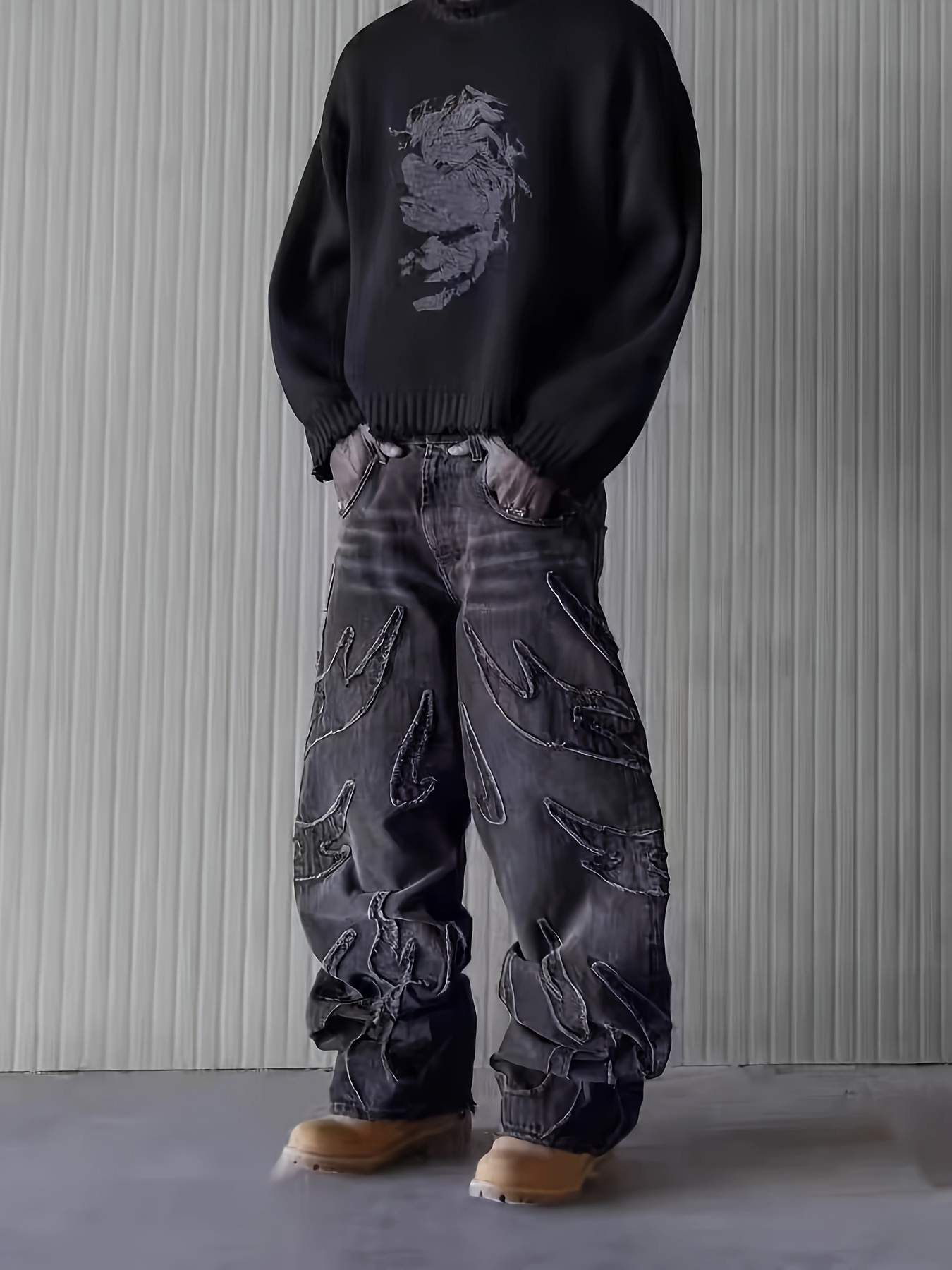 ヨーロッパとアメリカの刺繍ストリートグラフィティワイドレッグジーンズ男性用、ルーズフレームヴィンテージスタイルカジュアルパンツ