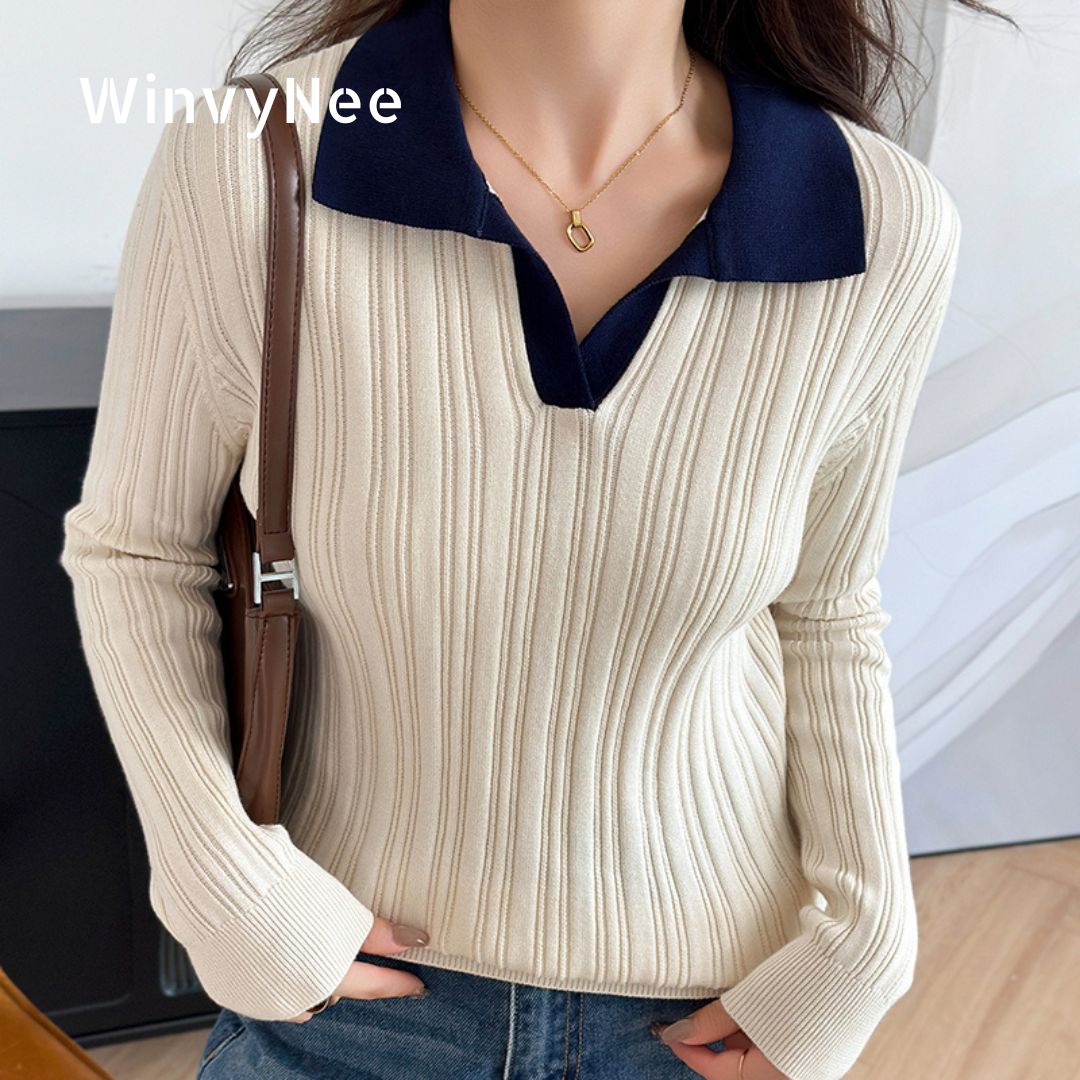 WinvyNee 婦人服綿 100% ストライプポロネック長袖高弾性スリムフィットオフィストップスカジュアルストリート ZA1002007