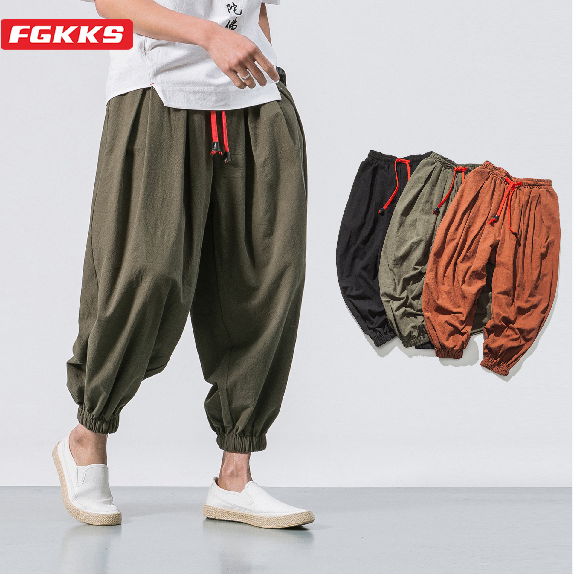 FGKKS 春男性ルーズハーレムパンツ中国リネン太りすぎスウェットパンツ高品質カジュアルブランドオーバーサイズズボン男性