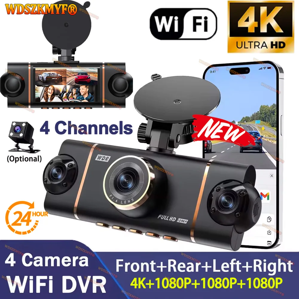 新しい 4CH 車 DVR UHD 4K 1080P 車ダッシュカム 360° WIFI アプリビデオレコーダーフロントリアビューナイトビジョン 4K ブラックボックス