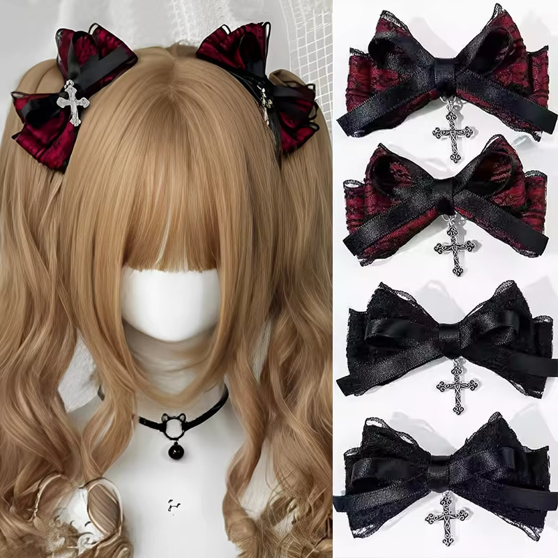 2 個 Y2k ゴシッククロスペンダントレースの弓ヘアクリップファッションちょう結びヘアピン女の子のストリート絶妙なヘアアクセサリー