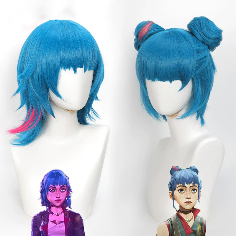 コスプレウィッグ 難解なアニメウィッグ ジンクス ブルー ピンク ゲーム ロールプレイングウィッグ 合成ウィッグ ウィッグキャップ付き