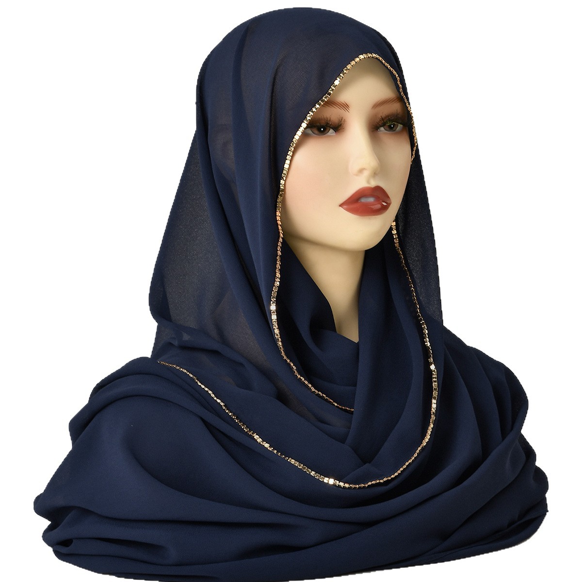 Popular Pearl Chain Chiffon Scarf Shawl Wrap, Lightweight Breathable Pure Color Headscarf