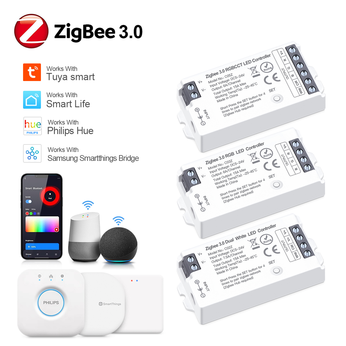 Zigbee 3.0 RGB W/CCT 単色変更可能なライトスイッチ Tuya スマートホーム Alexa 調光可能な LED 調光 WiFi スイッチ LED ストリップ用