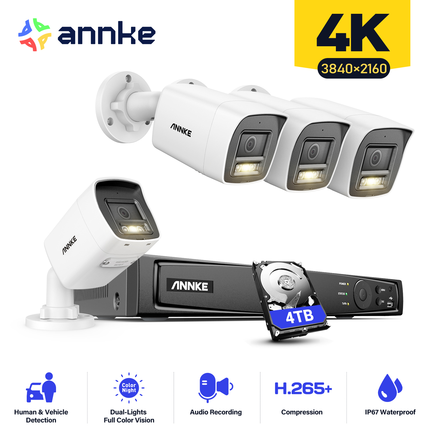 ANNKE 4K ウルトラ HD POE ビデオ監視システム 8CH H.265 NVR レコーダー 4K セキュリティカメラオーディオ録音 4X 8MP PoE Ip カメラ