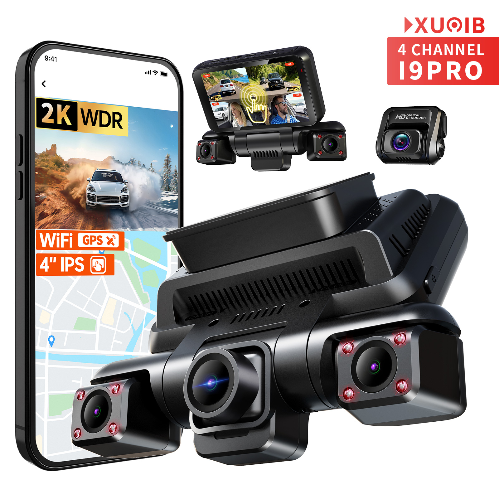 XUOIB I9pro 4CH ダッシュカム 4K フロント 360° 車カメラ 4インチ タッチスクリーン WiFi GPS ナイトビジョン DVR サポート 24 時間駐車モニター