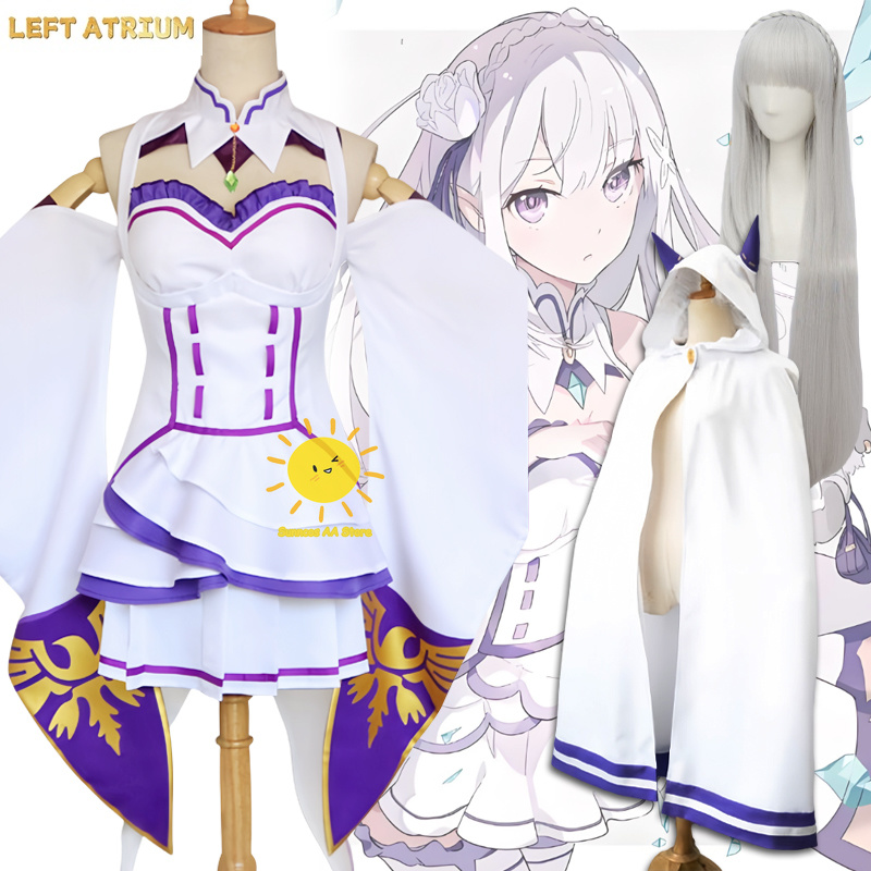 アニメエミリアコスプレ再: ゼロから別の世界での生活コスプレ衣装ドレスマントアクセサリーエミリアスーツ Cos 大人女性
