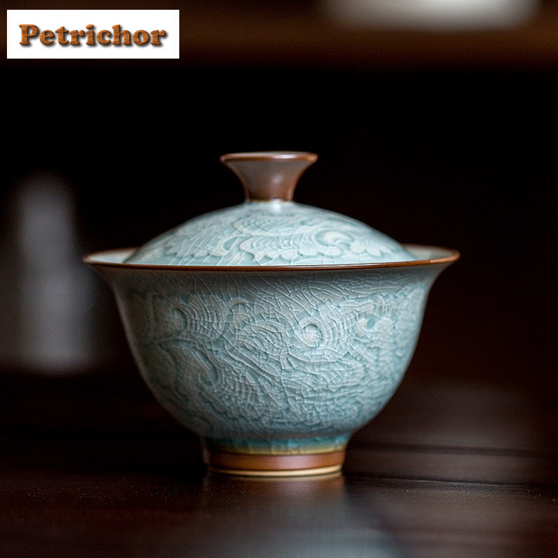 130 ミリリットル蜂蜜釉レリーフ牡丹 Gaiwan 美的茶チュリーン茶ボウル蓋キット茶醸造カバーボウル中国茶セットクラフト