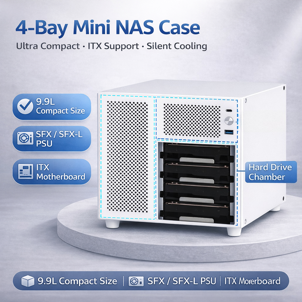 Mini ITX NAS ケース 4 ベイ 9.9L コンパクトサーバーシャ​​ーシサポート SFX SFX-L 電源家庭用収納ケース