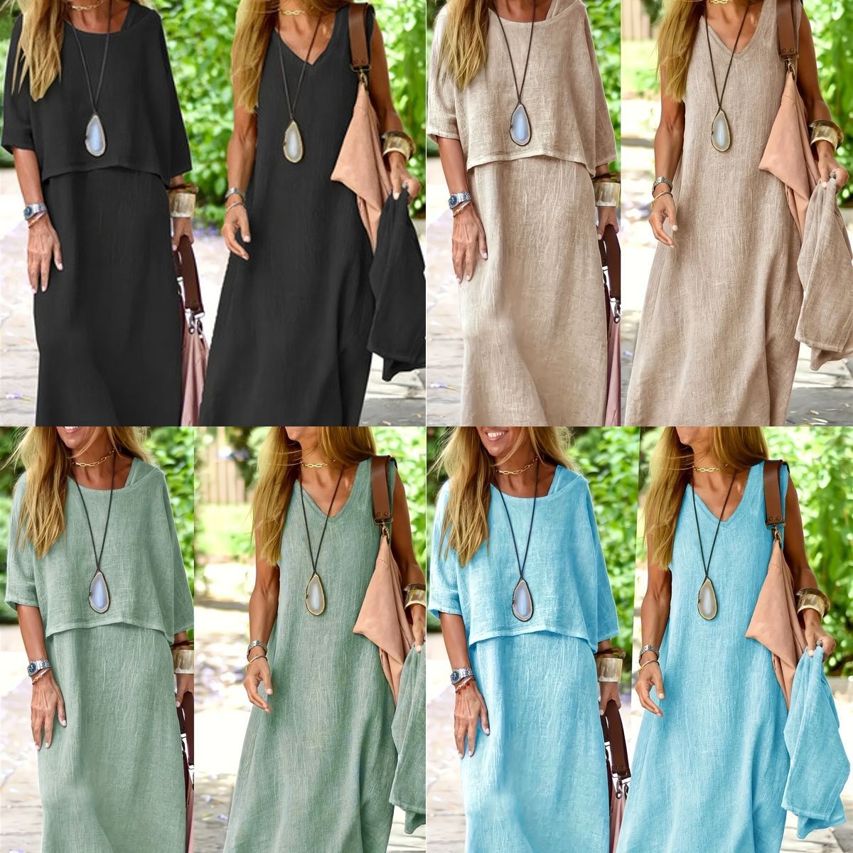 2026 夏服女性ドレスツーピースセットクロップネックドレスブラックベージュマキシドレスラウンドネックルーズフィットカジュアルドレス