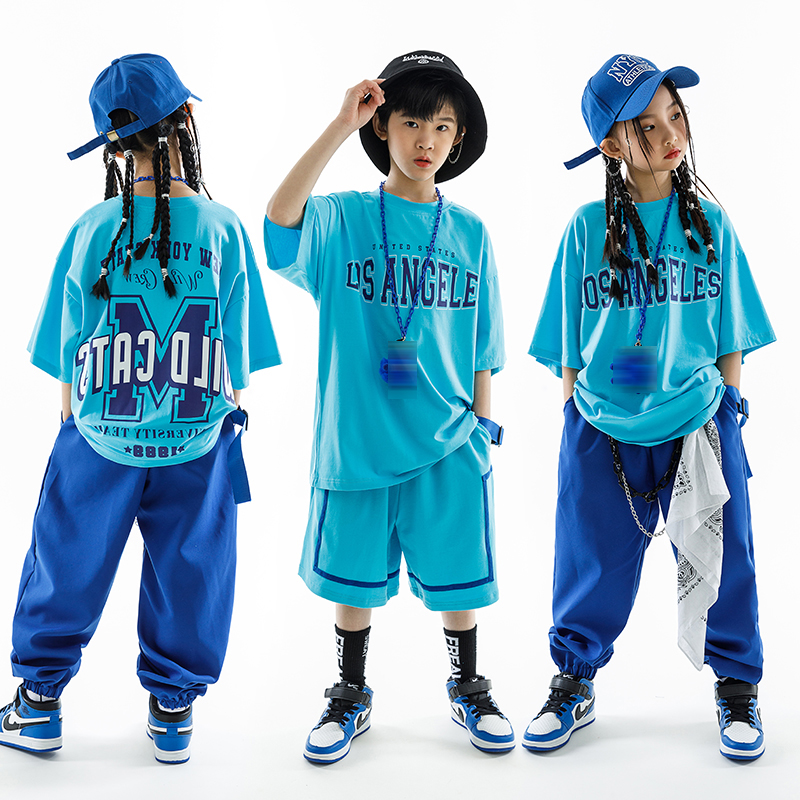 ストリートダンス子供ヒップホップ服ガールズボーイズブルー半袖 Tシャツパンツカジュアルレイブ服ゆるい練習着 BL10496