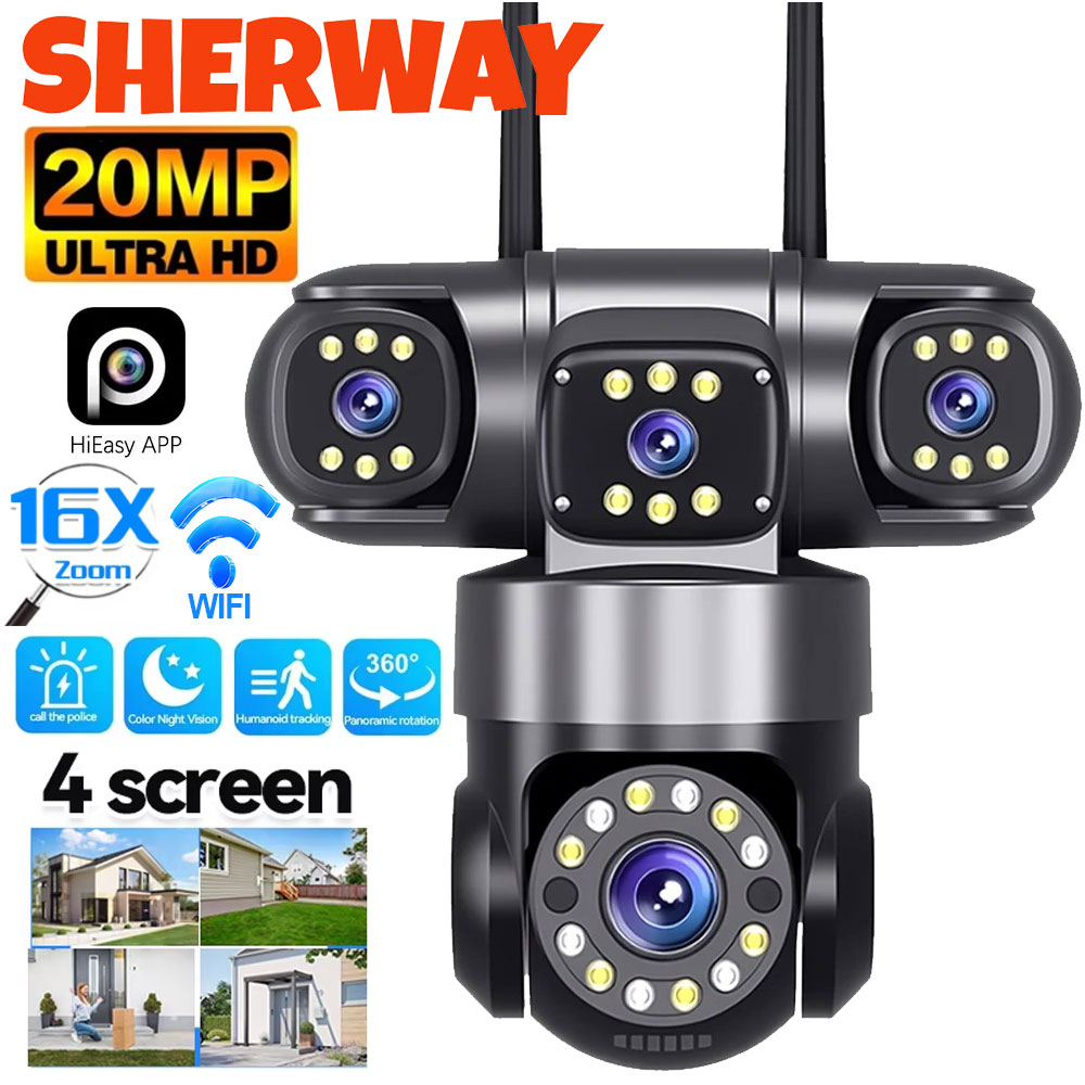 10K 20MP ホームセキュリティ屋外 WiFi カメラ 4 レンズ 4 スクリーン 360° 16X ズーム CCTV ワイヤレス監視 PTZ カムセキュリティ保護