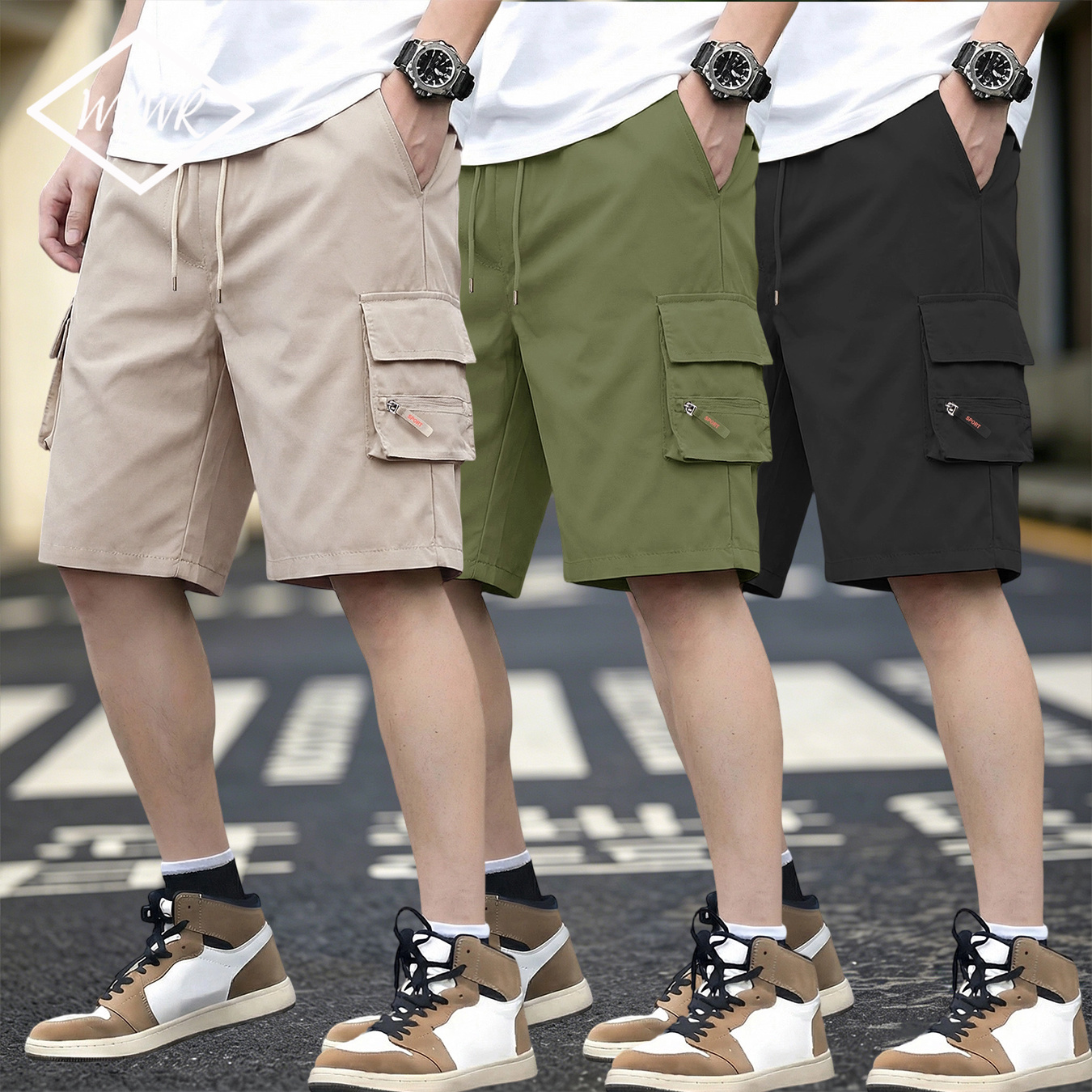 男性マルチポケット弾性ウエストカーゴショーツルーズフィット通気性夏屋外ハイキングジムストリートワークカジュアルショーツ