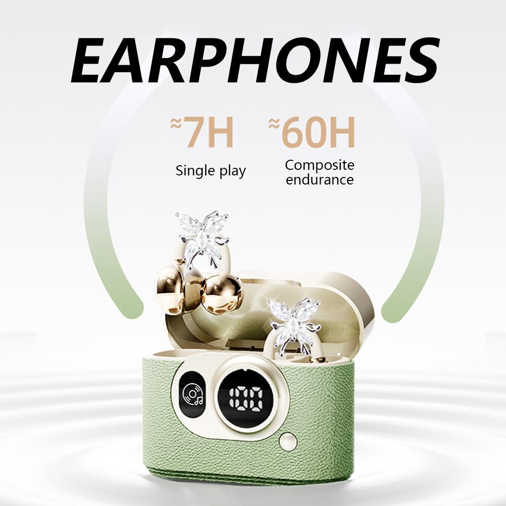 TWSGTS17 レトロカメラクリップオンワイヤレスヘッドフォン超ロングバッテリー Bluetooth イヤークリップダイヤモンドバックル装飾付き