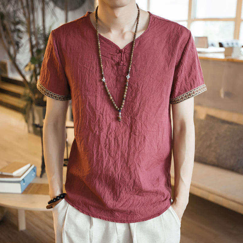 メンズ夏コットンリネン半袖Tシャツタイ風ミャンマー伝統漢服上半身ルーズフィットボタンディテール