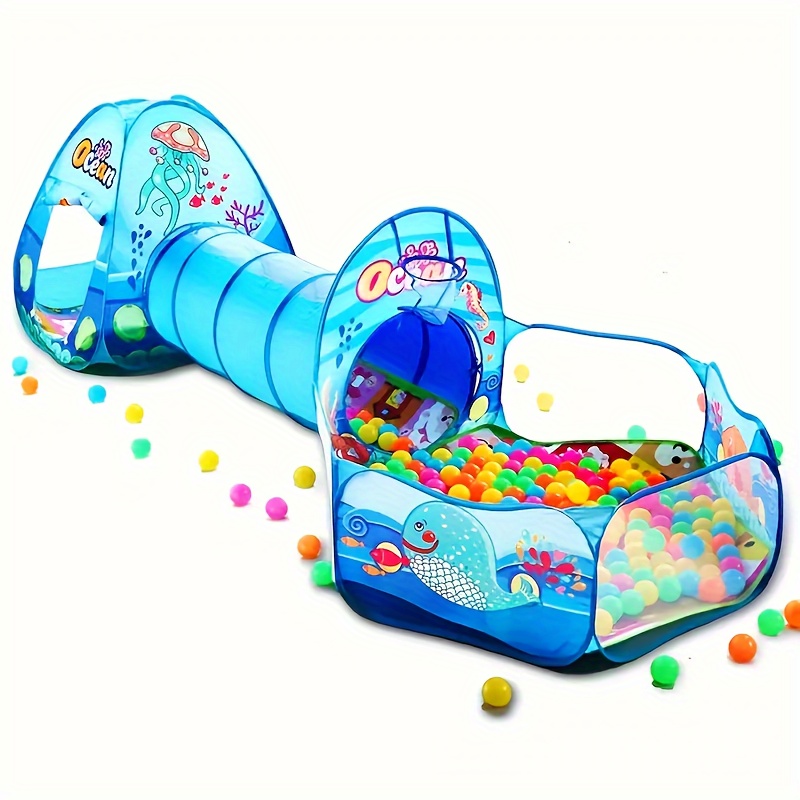 3個のポップアッププレイテントセットピットとプレイトンネル、合金フレーム付きブルーポリエステル、屋内/屋外プレイハウスバンドル