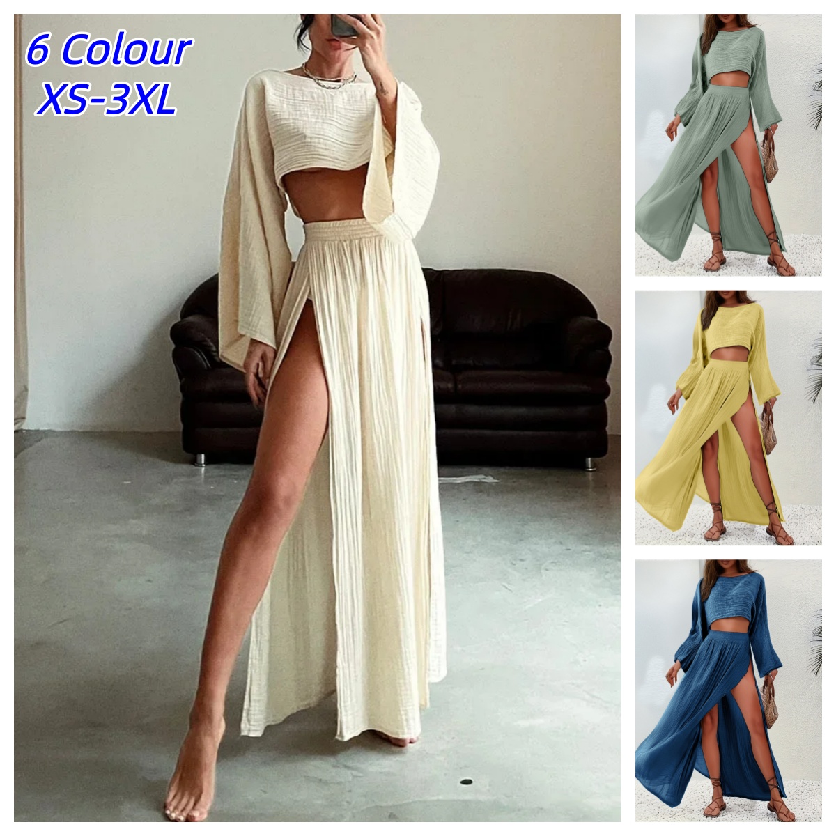 2 Pcs/Set Women Crop Top Skirt Sets Long Sleeve Top High Waist Split Skirts Suit Beach Bikini Cover Up Elegant Vacation Outfits