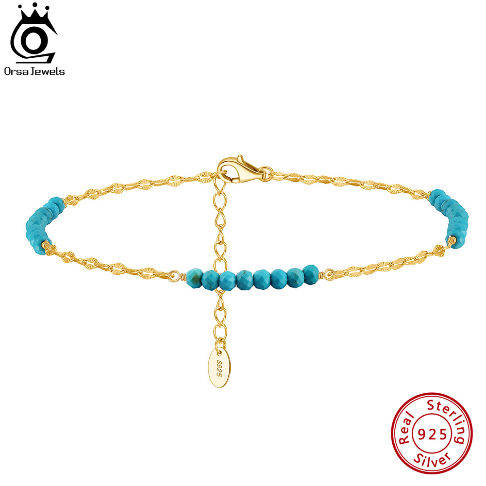 ORSA JEWELS ファッション 3 ミリメートルターコイズ宝石ビーズ 925 スターリングシルバー蝶チェーンアンクレット女性の夏のビーチジュエリー SA85