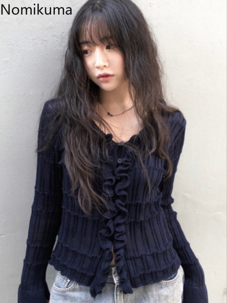 韓国のセーター Mujer 甘いニット クロップド カーディガン コート折り目フレア スリーブ プル ファム甘いフリル ヴィンテージ ニット セーター 49D584