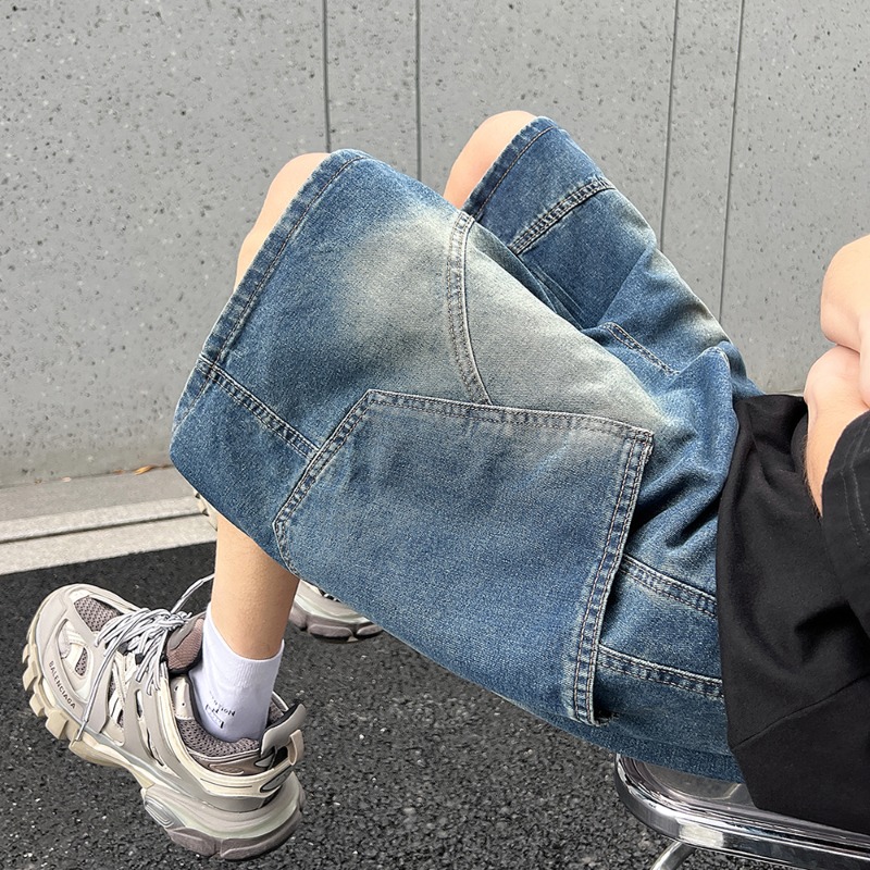 夏新だぶだぶのデニムショーツファッションカジュアルストレート原宿ジーンズ男性ヴィンテージ洗浄巾着ショートパンツストリート