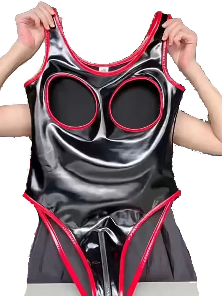 S-5XL 中空アウトノースリーブウェットルック PVC キャットスーツタンクトップ光沢のある PU レザージッパー股ボディスーツタイツコスプレボディテディ