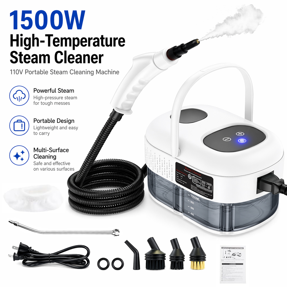1500W 高圧スチームクリーナー 110V 1000ml 水タンク、6 調整可能なギア、家庭用クリーニングにポータブル
