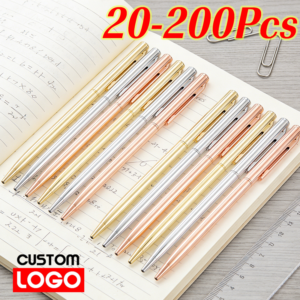 20-200 ペンスリムメタリックボールペンカスタムロゴローズゴールドメタルペンセットビジネスオフィス学用品