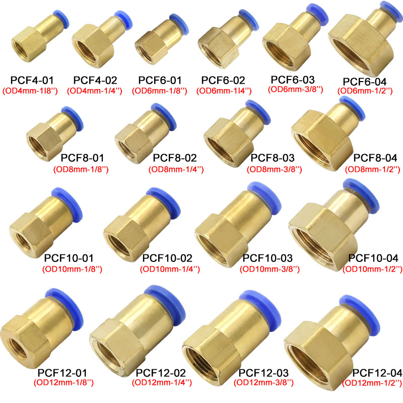 10 個 PCF 空気圧エアコネクタ 4 6 8 10 12 ミリメートルホースチューブ 1/8 "3/8" 1/2 "1/4" BSP めねじ真鍮クイックパイプジョイントフィッティング