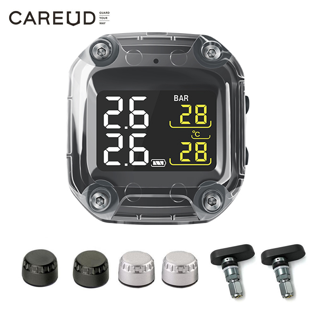 CAREUD ワイヤレスオートバイ TPMS タイヤ空気圧監視システム デジタル LCD 2 つの外部/内部センサー付き 取り付けが簡単