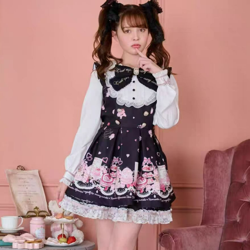日本のかわいいラインストーンボウドレスセット女性甘いかわいいロリータスタイルレースパールプリントシャツドレスゴシック Y2k ティーパーティードレス