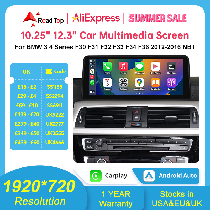 10.25 ''1920*720 ワイヤレス Carplay Android 自動マルチメディアディスプレイ BMW 3 4 シリーズ F30 F31 F32 F33 F34 F36 NBT タッチスクリーン