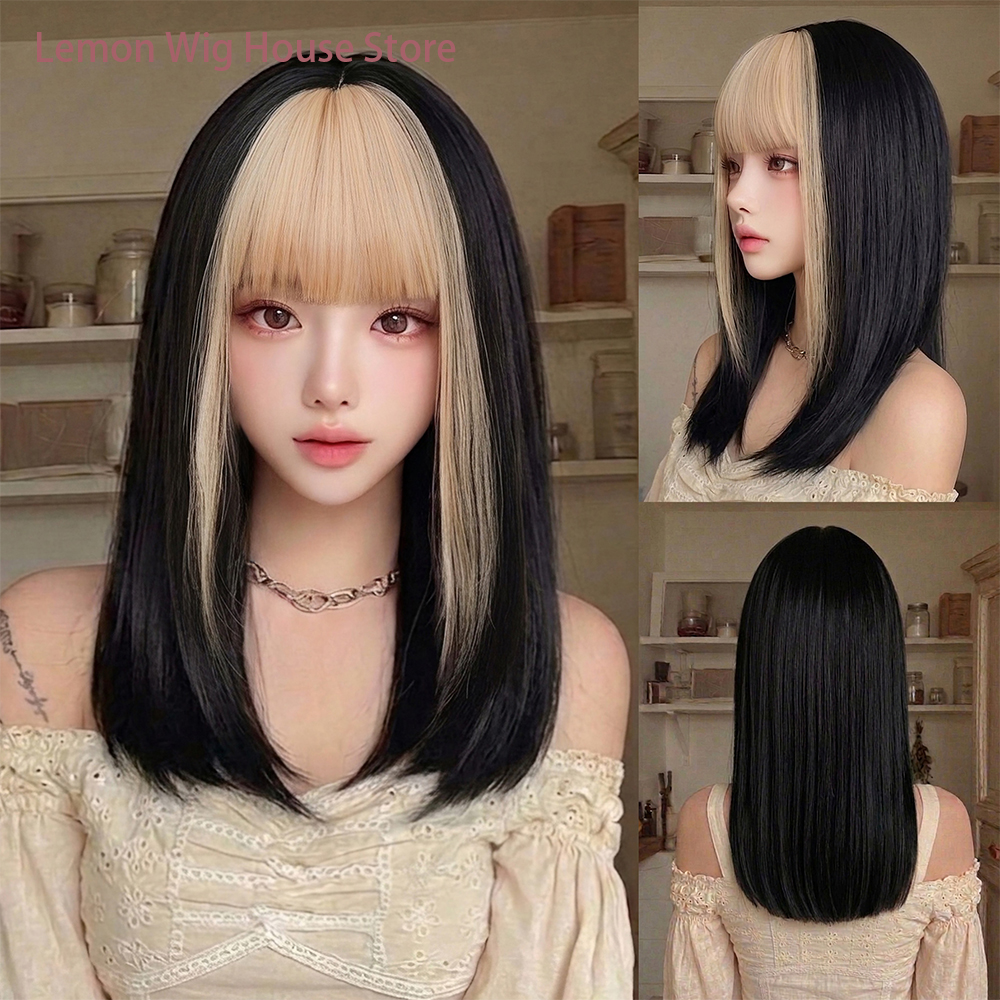 ブラック ブロンド ハイライト合成ウィッグ 前髪付き ミディアム ストレート ボブウィッグ ロリータ レイヤードウィッグ 女性用 デイリー コスプレウィッグ