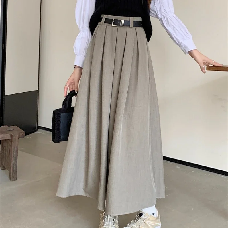 2026 新韓国スカート女性ソリッドカラー多用途ミッドレングスプリーツスカート大スイングタイプスカート女性ロングスカート女性のための
