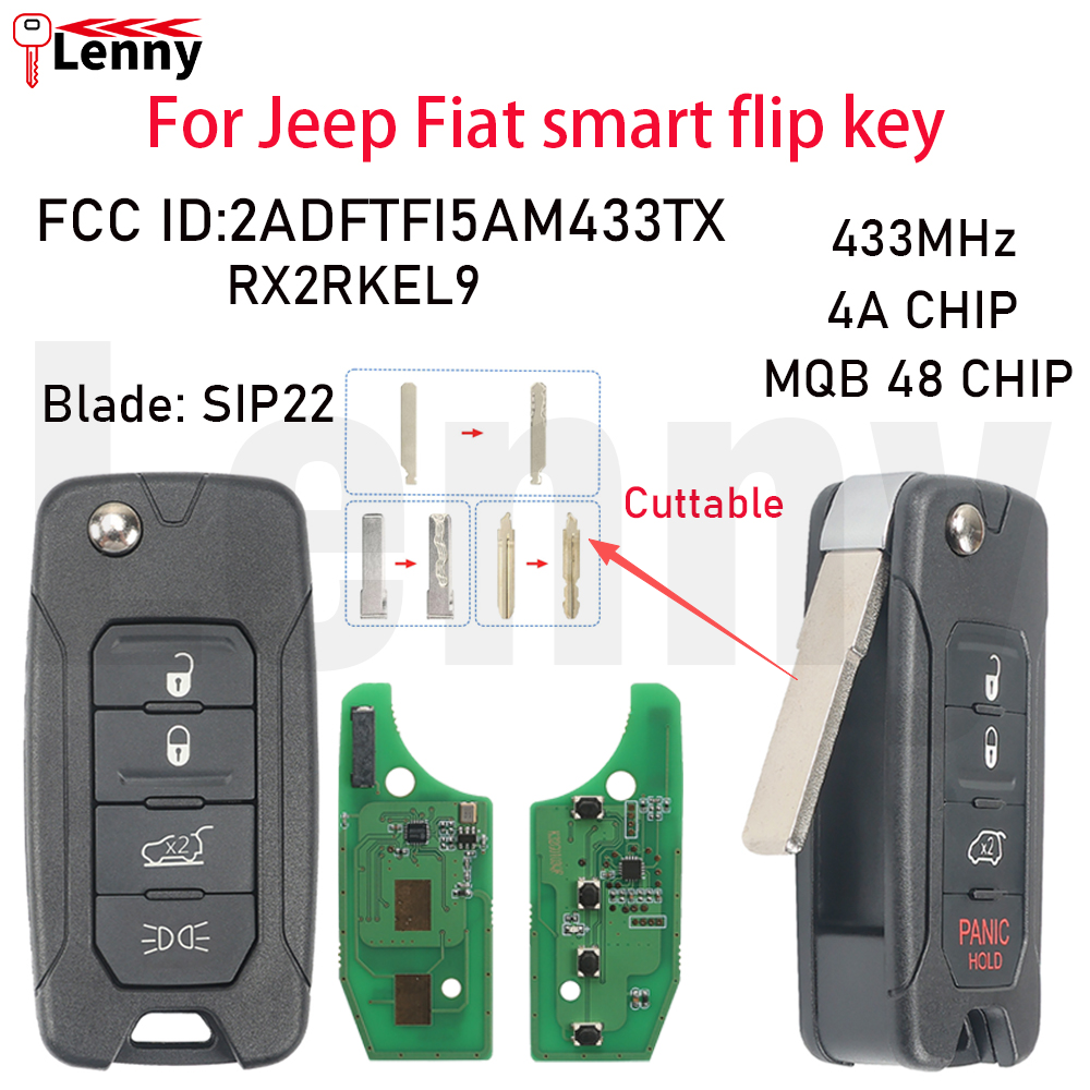 Lenny FCC: 2ADFTFI5AM433TX 433MHz MQB48/4Achip SIP22 車スマートリモートフリップキージープレネゲードフィアット 500 500X 500L 2016 2017 201