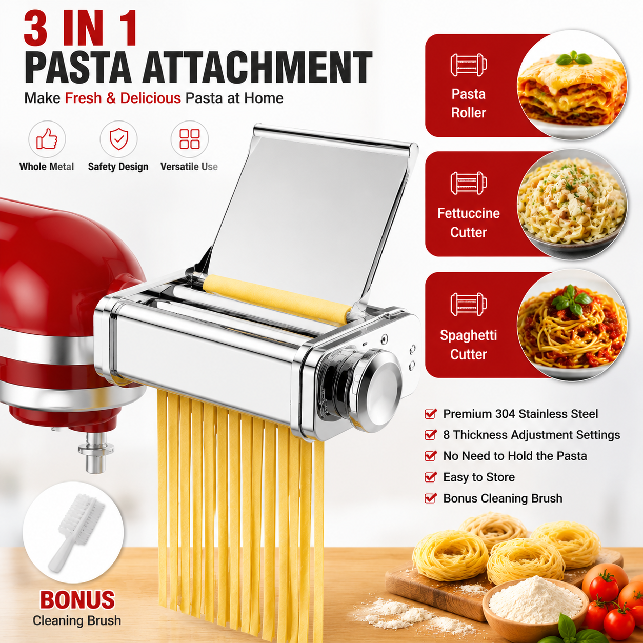 ステンレススチール 3in1 パスタアタッチメント キッチンエイドミキサー用 ローラースパゲッティフェットチーネカッター付き 食品グレード 麺用