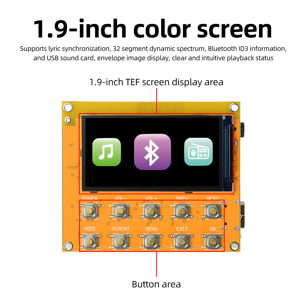 Bluetooth FM ラジオロスレスオーディオプレーヤーデコーダボード 1.9 インチ TFT カラースクリーン 87.0-108.0MHz FM ラジオモジュール