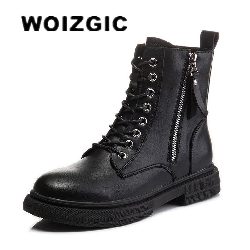 WOIZGIC 女性のレディース本革女性の靴アンクルブーツプラットフォームレースアップ暖かい冬秋毛皮ぬいぐるみオートバイ
