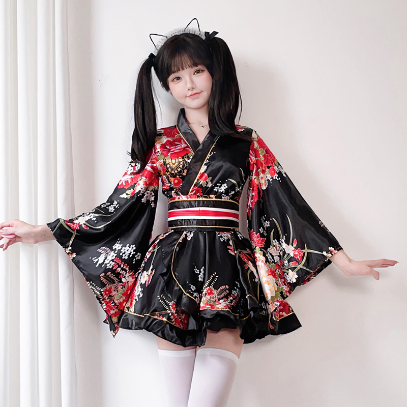 女性日本の花柄ショート着物ドレス帯ベルトヴィンテージ桜プリントミニ浴衣コスプレ衣装アニメパーティー衣装