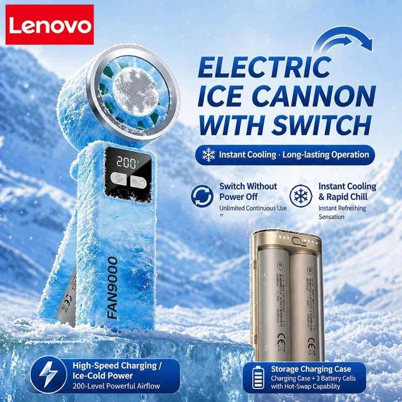 Lenovo 冷凍ハンドヘルド扇風機ポータブルデスクトップ屋外 USB デジタルディスプレイ高速ファン折りたたみ首掛け