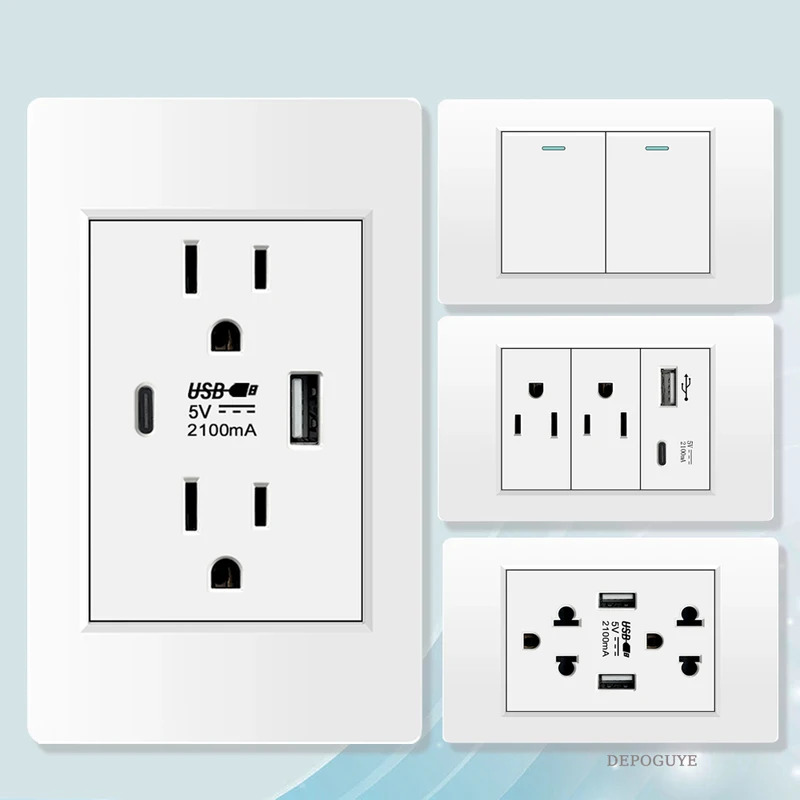 アメリカ標準壁タイプ C USB ダブル電源ソケット、米国ライトスイッチ PC パネルコンセント、USB 充電付き 15A デュアルメキシカンソケット