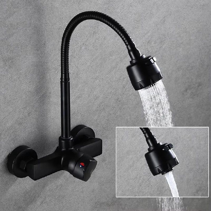 ブラック/ブラッシュドキッチン蛇口ウォールマウント 2 機能温水および冷水シンクの蛇口 360 度回転スプレー蛇口